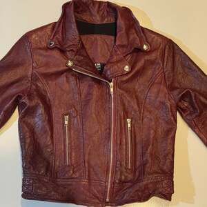 Women's CH Burgundy Crinkled Leather Biker Moto Jacket 3/4 sleeve XS
